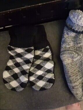 Cozy Sherpa-Lined Grey Slipper Socks + Black & White Argyle Mittens
